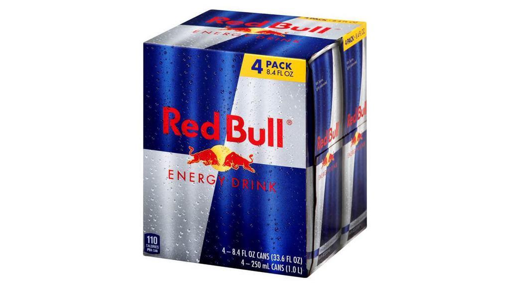 Red Bull Energy Drink 4 Pack 8.4Oz · Case of four 8.4 fl oz Red Bull Energy Drink cans. Red Bull Energy Drink's special formula contains ingredients of high quality: Caffeine, Taurine, some B-Group Vitamins, Sugars. One 8.4 fl oz can of Red Bull Energy Drink contains 80 mg of caffeine, about the same amount as in a cup of home-brewed coffee. Vitalizes Body and Mind.