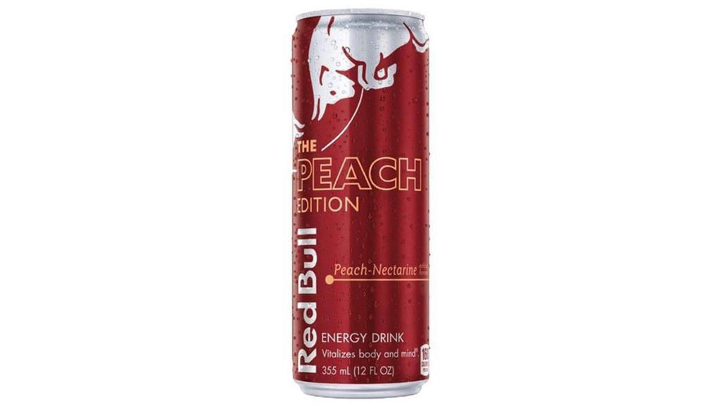 Red Bull Peach Edition 12Oz · Single 12 fl oz can of Red Bull Energy Drink Peach Edition . Red Bull Peach Edition's special formula contains ingredients of high quality: Caffeine, Taurine, some B-Group Vitamins, Sugars. One 12 fl oz can of Red Bull Peach Edition, Peach-Nectarine contains 114 mg of caffeine, about the same amount as in an equal serving of home-brewed coffee. Vitalizes Body and Mind.