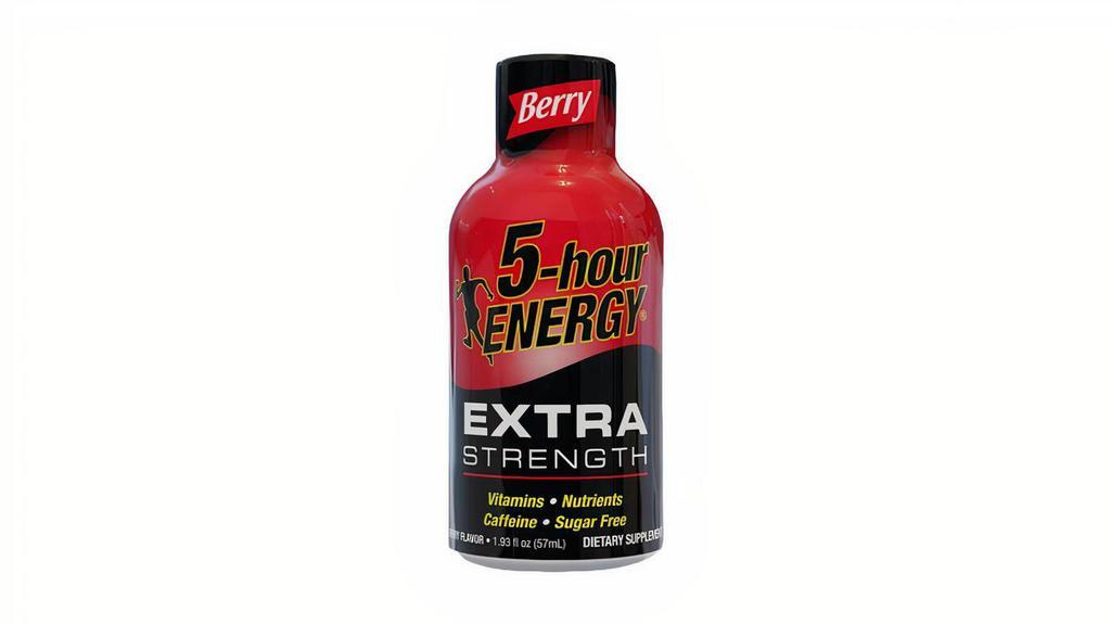 5 Hour Energy Extra Liquid · Need an energy boost to get through your day? Grab a Berry flavored Extra Strength 5-hour ENERGY shot. It’s packed with a big energy blend and big taste. The only thing small about it is its size.