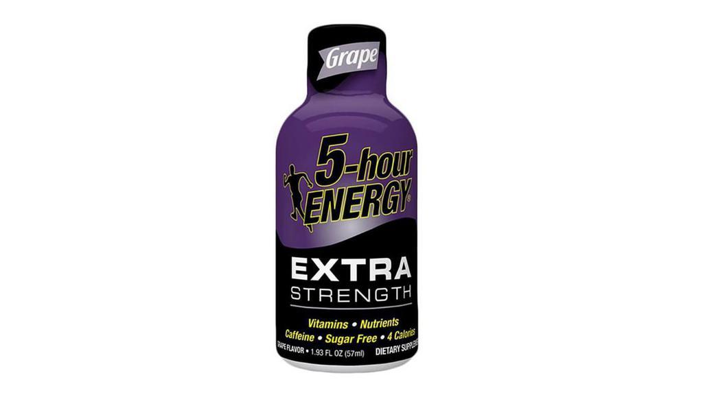 5 Hour Energy Extra Strength Grape 1.93Oz · Some days you just need a little something extra to get going. So why not get the extra boost you need to tackle your to-do list with a Grape Extra Strength 5-hour ENERGY® shot? Our Grape Extra Strength energy shots not only taste great, they also have a beefed-up energy blend that will give you hours of the energized feeling you need to be productive. Best of all, while it contains caffeine comparable to 12 ounces of the leading premium coffee, it counts four calories and zero sugar. Want to kick your day into high gear? Grab a Grape Extra Strength 5-hour ENERGY® shot. Drink it in seconds, feel it in minutes and it lasts for hours.