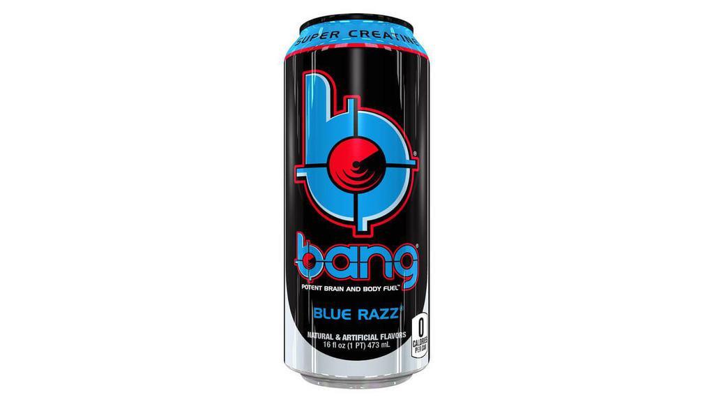 Bang Blue Razz 16Oz · Bang® is not your typical sugar-filled, soul-sucking soda masquerading as an energy drink. If it’s just a jolt of energy you want, have a candy bar, wear a tinfoil hat in a lightning storm, or try one of the other “energy” drinks on the market. But if you’re looking for something to fuel your next workout or hike, if you want sustained energy, as well as peak mental and physical performance, Bang® is the energy drink for you!
