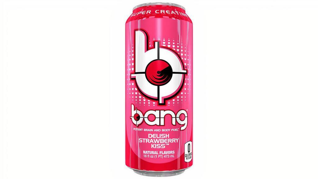 Bang Delish Strawberry Kiss 16Oz · Bang® is not your typical sugar-filled, soul-sucking soda masquerading as an energy drink. If it’s just a jolt of energy you want, have a candy bar, wear a tinfoil hat in a lightning storm, or try one of the other “energy” drinks on the market. But if you’re looking for something to fuel your next workout or hike, if you want sustained energy, as well as peak mental and physical performance, Bang® is the energy drink for you!