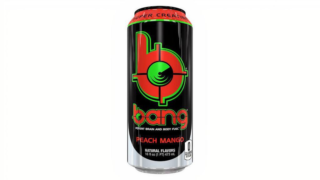 Bang Peach Mango 16Oz · Bang® is not your typical sugar-filled, soul-sucking soda masquerading as an energy drink. If it’s just a jolt of energy you want, have a candy bar, wear a tinfoil hat in a lightning storm, or try one of the other “energy” drinks on the market. But if you’re looking for something to fuel your next workout or hike, if you want sustained energy, as well as peak mental and physical performance, Bang® is the energy drink for you!