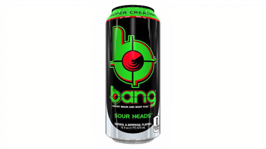 Bang Sour Heads 16Oz · Bang® is not your typical sugar-filled, soul-sucking soda masquerading as an energy drink. If it’s just a jolt of energy you want, have a candy bar, wear a tinfoil hat in a lightning storm, or try one of the other “energy” drinks on the market. But if you’re looking for something to fuel your next workout or hike, if you want sustained energy, as well as peak mental and physical performance, Bang® is the energy drink for you!