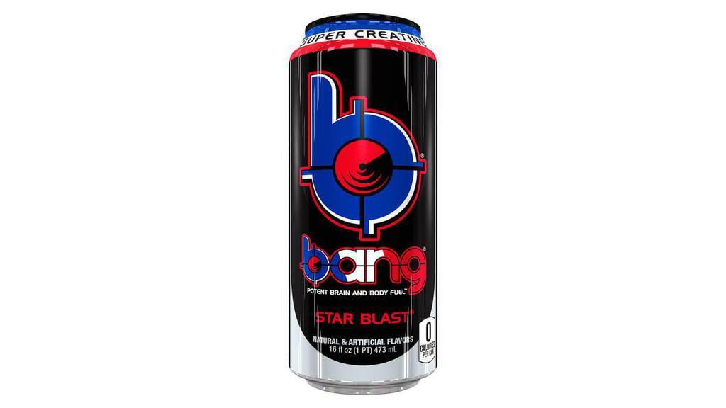 Bang Star Blast 16Oz · Bang® is not your typical sugar-filled, soul-sucking soda masquerading as an energy drink. If it’s just a jolt of energy you want, have a candy bar, wear a tinfoil hat in a lightning storm, or try one of the other “energy” drinks on the market. But if you’re looking for something to fuel your next workout or hike, if you want sustained energy, as well as peak mental and physical performance, Bang® is the energy drink for you!