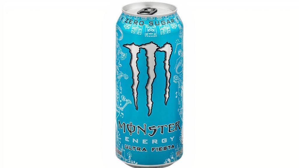 Monster Ultra Fiesta 16Oz · Sleep later, cause tonight we’re going to fiesta like there’s no mañana! Ultra Fiesta celebrates the nights that turn into mornings and the friends we now call familia. Zero sugar Ultra Fiesta blends juicy mango flavor into the Ultra we love finished-off with a full load of our Monster Energy blend. ¡De nada!