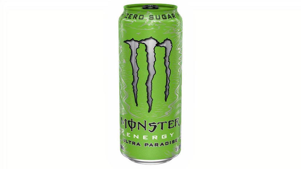 Monster Ultra Paradise 16Oz · Where is paradise? A chalet on the slopes, a stream side ranch or a penthouse in the city, How about a private island with a white sand beach, turquoise water and a gentle tropical breeze. Monster Ultra Paradise, sugar free, pure, crisp, invigorating island flavors. Kick back and enjoy, Monster Paradise is wherever you can find it! Unleash The Ultra Beast!