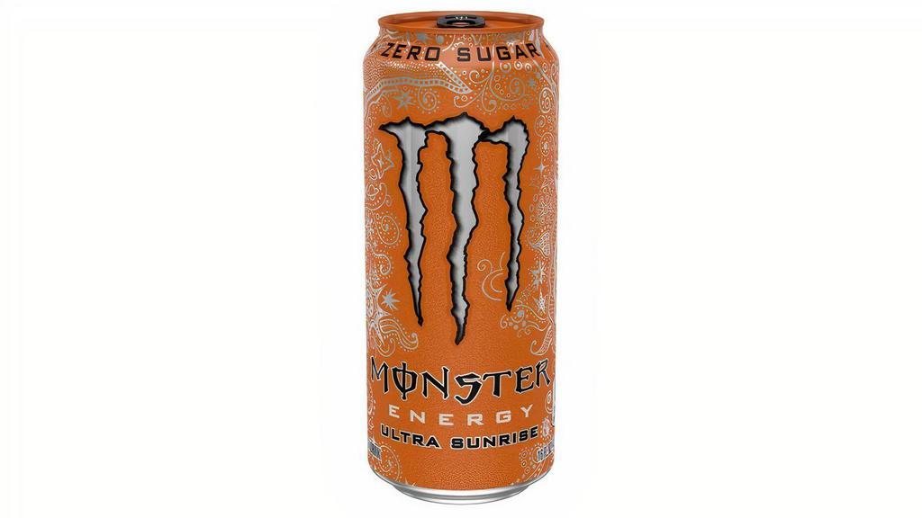 Monster Ultra Sunrise 16Oz · Get up, get out, go for it! Ultra Sunrise is dedicated to those who sacrifice sleep for passion: catching waves at dawn patrol, up on the bike when the morning dew gives the dirt more grip, or the first pass on that glassy lake kicking off an epic wake session. Ultra Sunrise will get you started but it`s great anytime: light, crisp, and refreshing with a flavor all its own. Packed with a full load of our Monster orange energy blend to keep the fire burning all day long. After all it's always sunrise somewhere. Unleash The Ultra Beast!