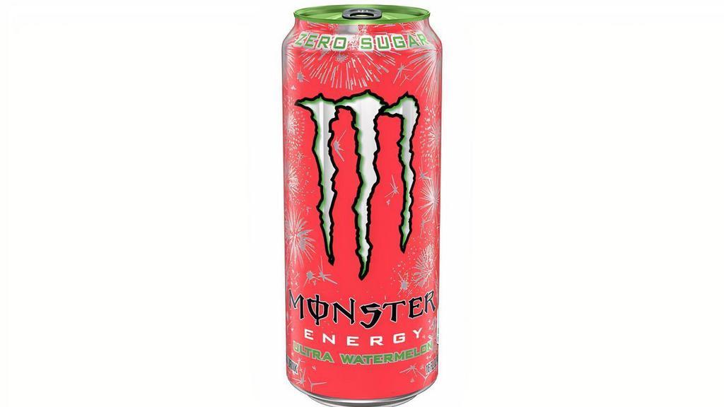 Monster Ultra Watermelon 16Oz · Under the firework lit night sky, you’ve got your crush by your side. With good music and better friends, it’s the best summer ever. Unleash the Ultra beast with Ultra Watermelon! Zero sugar, easy drinking refreshing flavor with the explosive Monster Energy blend to light-up those hot summer nights. Ultra Watermelon is summertime in a can so you can enjoy it anytime. Monster Energy Ultra Watermelon has 10 calories and zero sugar but with all the flavor you’re accustomed to and packed with our sugar-free Monster Energy blend.