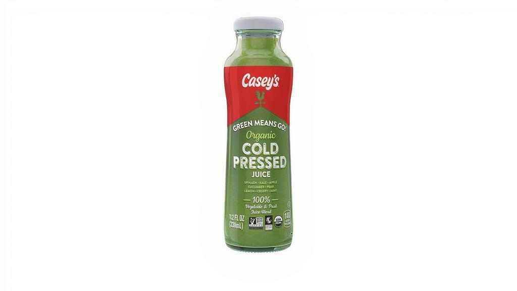Casey'S Green Means Go! 11.2Oz · Casey’s cold pressed juices are 100% fruit and vegetable juice, not from concentrate with no sugar or preservatives added. Plus, they’re non GMO and organic. Green Means Go! is a refreshing mix of spinach, kale, apple, cucumber, pear, lemon, celery and mint. Order a cold pressed juice for delivery or pickup today from your local Casey's!