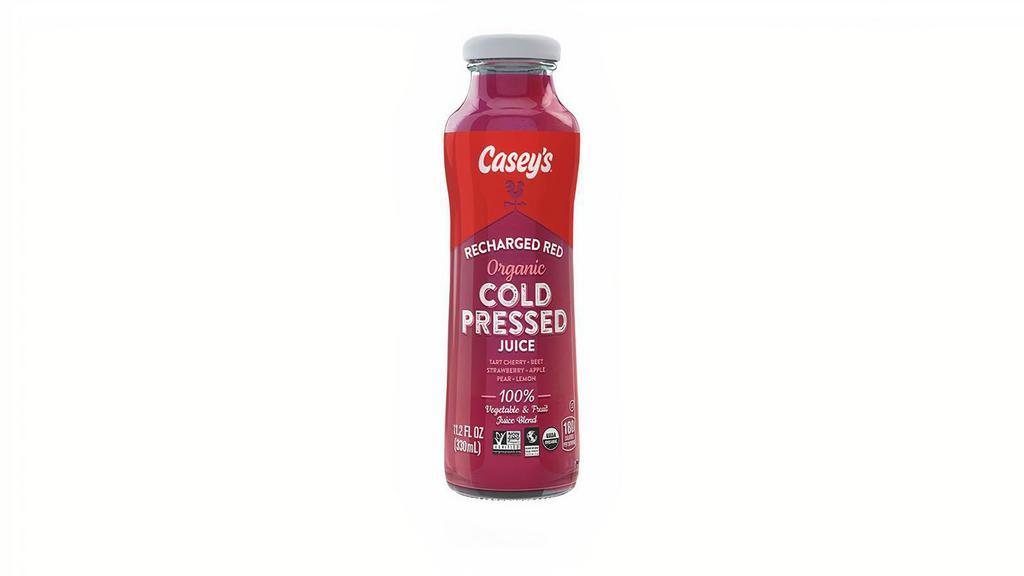 Casey'S Recharged Red 11.2Oz · Casey’s cold pressed juices are 100% fruit and vegetable juice, not from concentrate with no sugar or preservatives added. Plus, they’re non GMO and organic. Recharged Red is a delicious combination of tart cherry, beet, strawberry, apple, pear and lemon. Order a cold pressed juice for delivery or pickup today from your local Casey's!