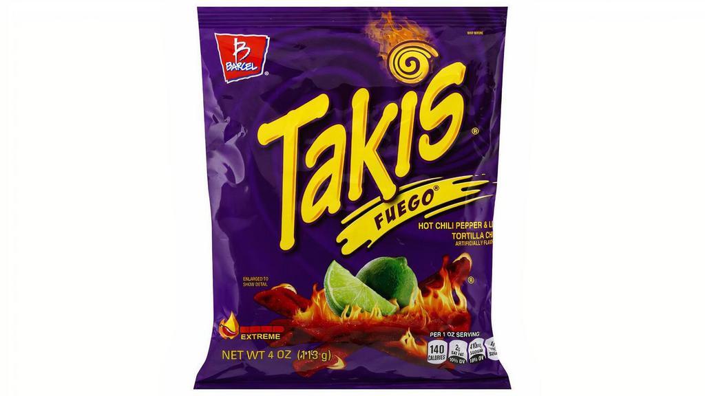 Barcel Takis Fuego 4Oz · Takis Fuego ® Chips are the taste of fire. A bite of lava. Like firewalking with your tongue. Containing an intense flavor combination of hot chili pepper and lime, Fuego rolled tortilla chips are rated “Extreme.” Are they meant for you? Face the Intensity.