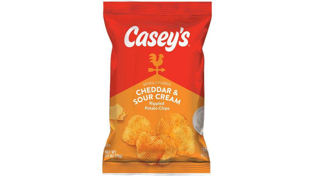 Casey'S Cheddar & Sour Cream Chips 2.5Oz · Casey's Cheddar & Sour Cream Chips are the perfect side or snack for any occasion. These light and crispy chips are seasoned with a flavorful cheddar and sour cream seasoning. Order your Casey's Cheddar & Sour Cream Chips for delivery or pickup!