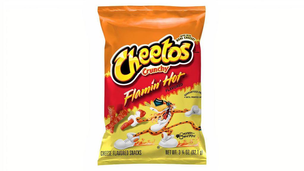 Cheetos Crunchy Flamin' Hot 3.25Oz · CHEETOS snacks are the much-loved cheesy treats that are fun for everyone! You just can’t eat a CHEETOS snacks without licking the “cheetle” off your fingertips. And wherever the CHEETOS brand and CHESTER CHEETAH go, cheesy smiles are sure to follow.