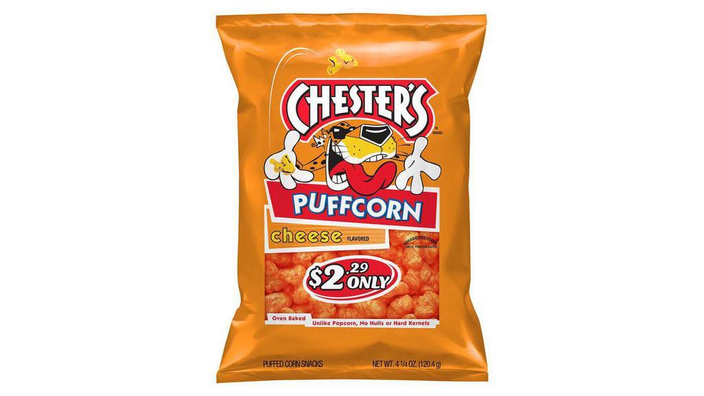 Chester'S Cheese Puffcorn 4.25Oz · When CHESTER CHEETAH puts his name on a snack, you can count on a bold and cheesy flavor like you’ve never tasted. CHESTER’S snacks are made with a special blend of real cheese seasoning to give each bite the perfect pop and zing.