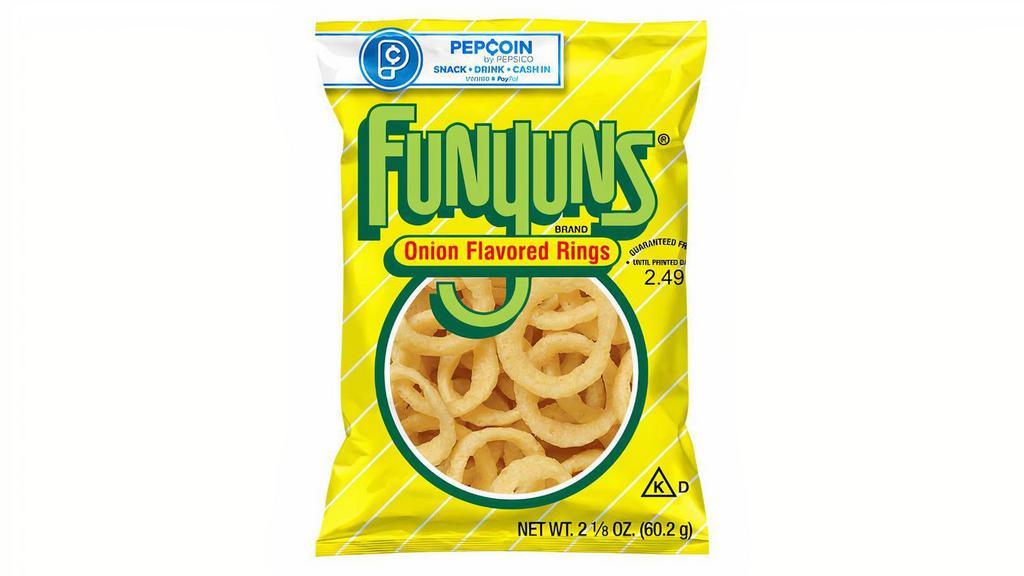 Funyuns 2.125Oz · FUNYUNS Onion Flavored Rings are a deliciously different snack that's fun to eat, with a crisp texture and zesty onion flavor. Next time you're in the mood for a tasty treat that's out of the ordinary, try FUNYUNS Onion Flavored Rings.