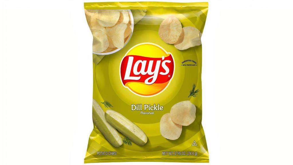 Lay'S Dill Pickle 2.625Oz · It all starts with farm-grown potatoes, cooked and seasoned to perfection. Then we add the flavor of dill pickle. So every LAY'S potato chip is perfectly crispy and delicious. Happiness in Every Bite.