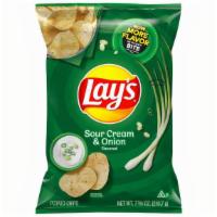 Lay'S Sour Cream & Onion 7.75Oz · It all starts with farm-grown potatoes, cooked and seasoned to perfection. Then we add the t...