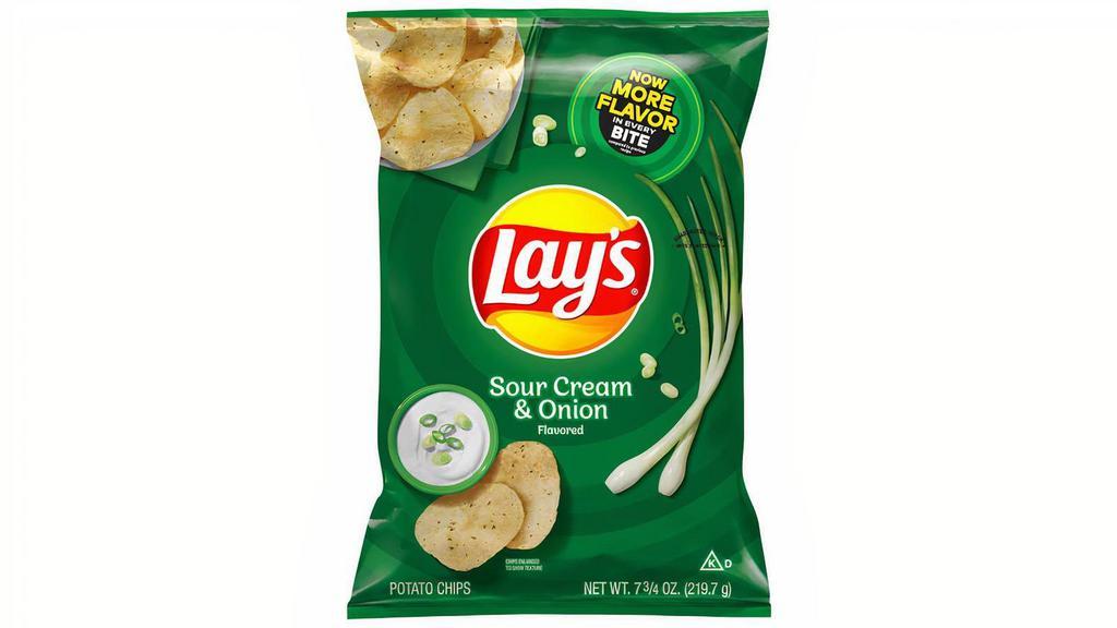 Lay'S Sour Cream & Onion 7.75Oz · It all starts with farm-grown potatoes, cooked and seasoned to perfection. Then we add the tang of sour cream and mild onions. So every LAY'S potato chip is perfectly crispy and delicious. Happiness in Every Bite.