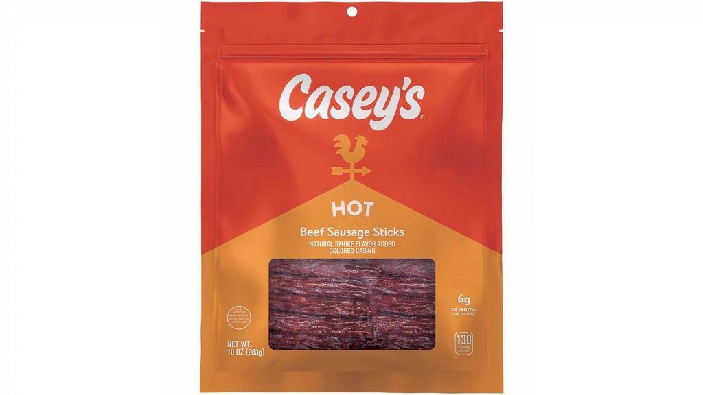 Casey'S Hot Beef Sausage Sticks 10Oz · Casey’s Hot Smoked Sausages are hickory smoked and then seasoned to perfection with a variety of spices to deliver a mouth-watering experience of spicy red pepper heat. Made with 100% Beef, these smoked sausages are also loaded with protein.