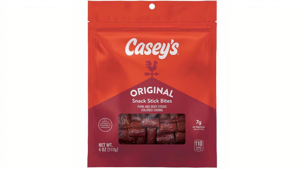 Casey'S Original Snack Stick Bites 4Oz · Casey’s Original Snack Stick Bites are seasoned to perfection & then smoked to deliver a mouth-watering experience. Made from a blend of beef & pork, these Snack Stick Bites are also loaded with protein.