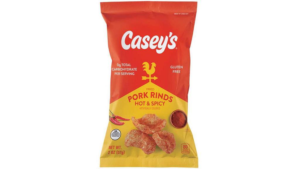Casey'S Hot & Spicy Pork Rinds 2Oz · Casey's Hot & Spicy Pork Rinds are the perfect crispy and crunchy snack, with the perfect twist of spice to take your snacking to the next level. An insider hint? These go great with our refreshing Casey's Cola!