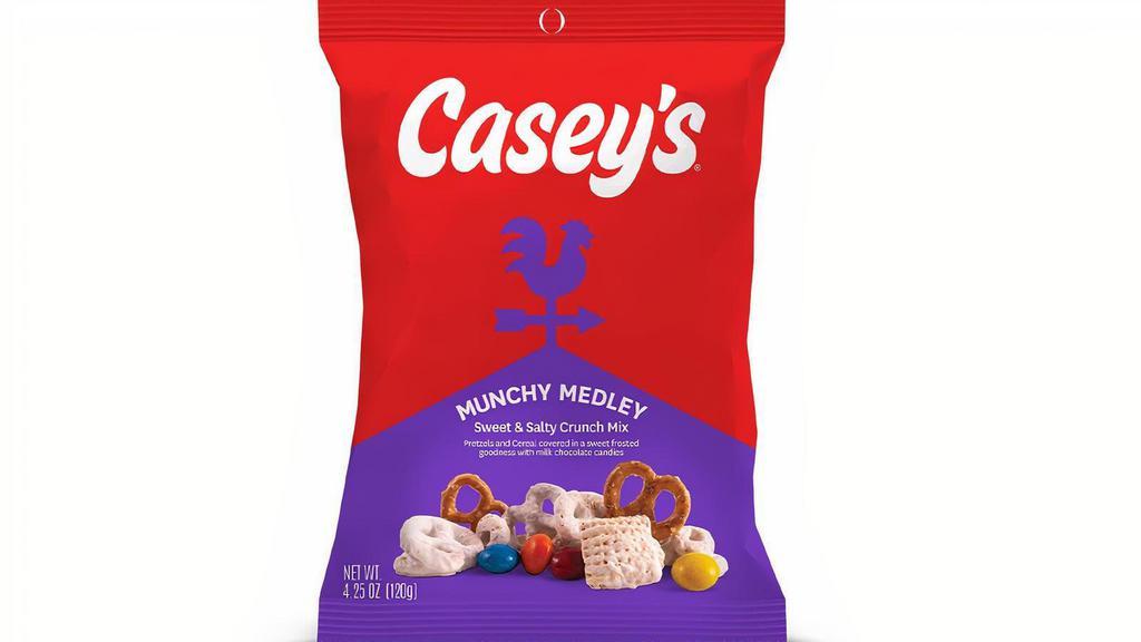 Casey'S Munchy Medley 4.25Oz · Enjoy a sweet & salty mix of pretzels and cereal covered in a sweet frosted goodness with milk chocolate candies.
