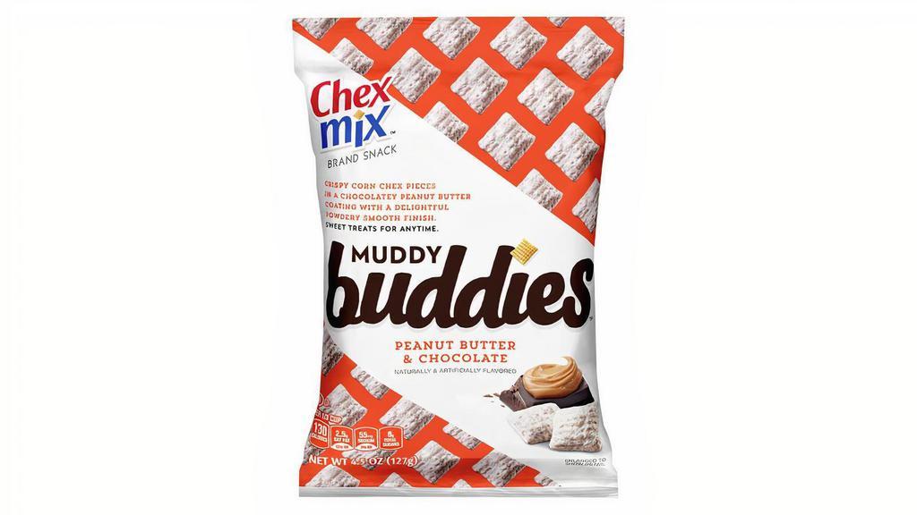 Chex Mix Muddy Buddies Peanut Butter Chocolate 4.5Oz · Meet Your Muddy Buddy! I've got multiple layers of crunchiness. My powdered sugary smooth exterior is irresistible. I'm all about sweet & substance. Muddy Buddies Peanut Butter and Chocolate Chex Mix features crispy corn Chex pieces in a chocolatey peanut butter coating topped with a sweet, powdery coating. A perfect item for your pantry.