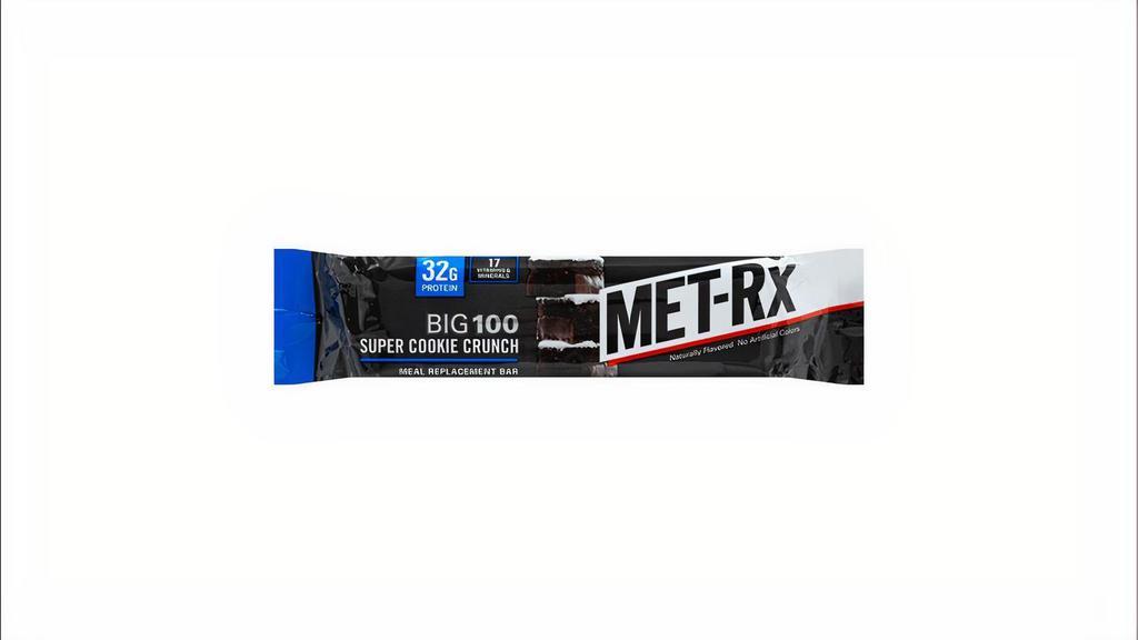 Met-Rx Super Cookie Crunch Big 100 · The Big 100 is Power Anytime! A meal replacement bar with our exclusive METAMYOSYN® protein blend, this power-packed protein bar is a great tasting way to fuel up on demand!