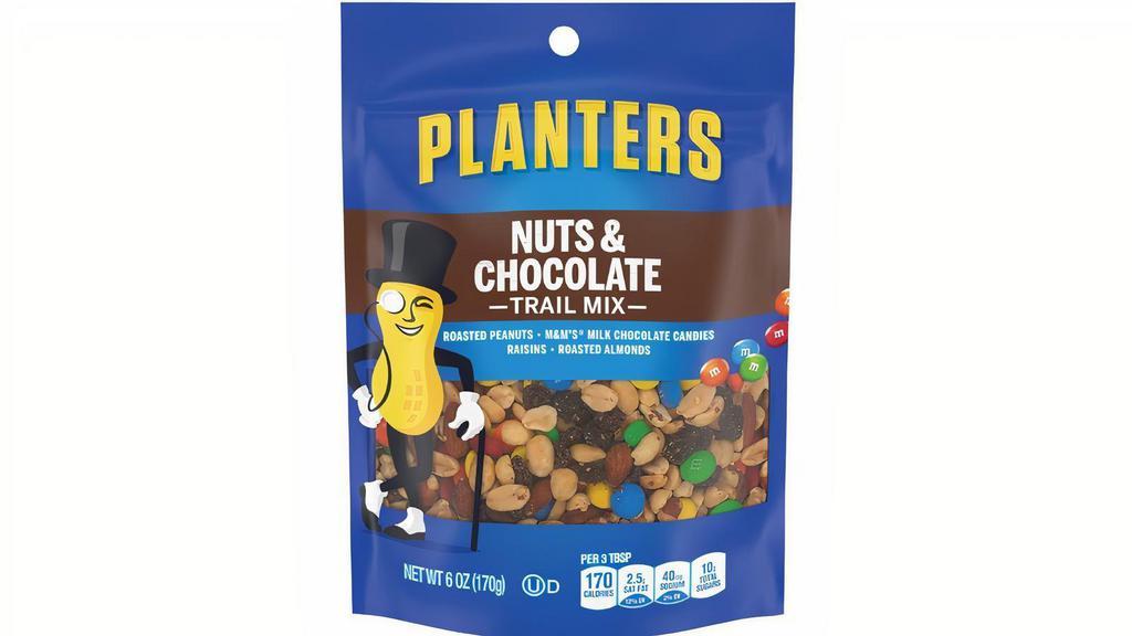 Planters Trail Mix Nuts & Chocolate 6Oz · Planters Nuts and Chocolate Trail Mix combines the savory deliciousness of salty nuts with rich bursts of chocolate to create an irresistible snack. This sweet trail mix is made with real M&M'S milk chocolate candies along with roasted peanuts, roasted almonds and raisins to help you stay energized while letting you indulge your sweet tooth.