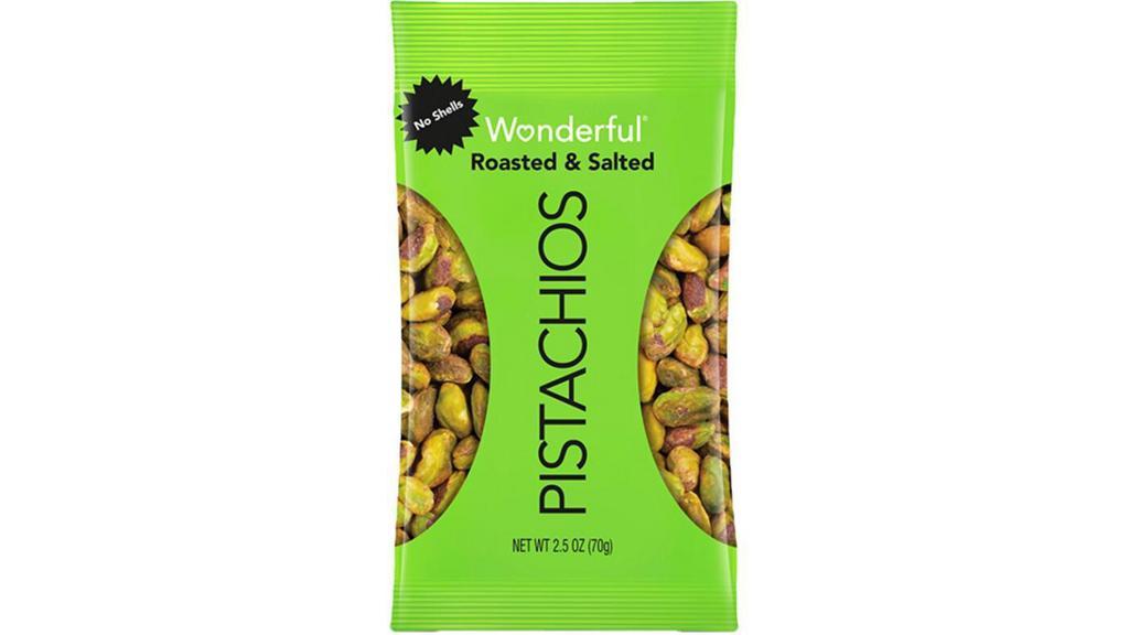 Wonderful Pistachios Shelled 2.5Oz · Roasted to perfection with just a touch of salt, our out-of-the-shell pistachios are ideal for cooking and baking, and still wonderful for snacking and entertaining.