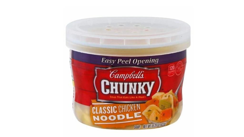 Campbell'S Chunky Chicken Noodle Soup · Campbell’s® Chunky™ Classic Chicken Noodle Soup isn’t just tasty—it’s made to work as hard as you do. With never-ending big flavors and bold ingredients, our comfort food classic is capable of fueling even the heartiest appetite. Crafted with big pieces of chicken meat with no antibiotics, chunks of quality vegetables and enriched egg noodles, we load every can with the fill-you-up flavors that you’ll never stop loving.