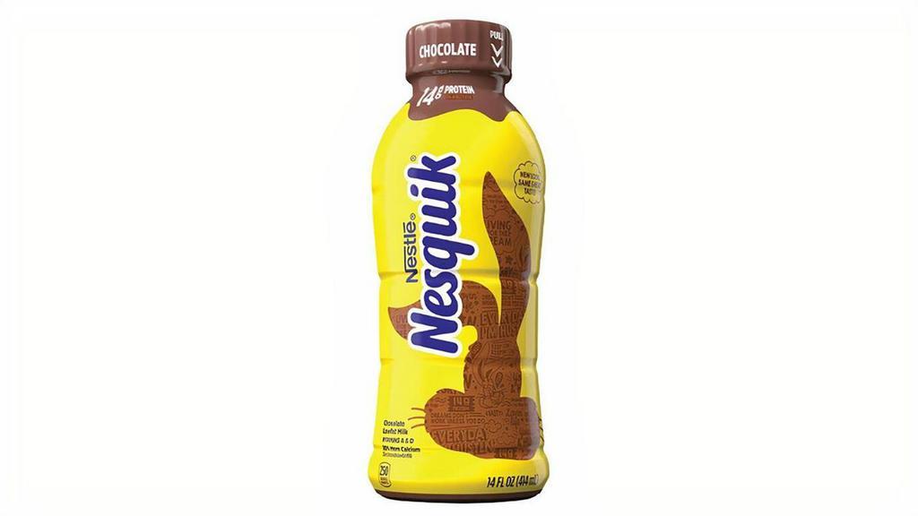 Nesquik Chocolate Lowfat Milk 14 Oz · Nesquik Chocolate Lowfat Milk offers 100% real milk for a classic, delicious taste in an irresistibly tasty and nutritious drink. This chocolate lowfat milk is gluten free and contains no high fructose corn syrup, for delicious goodness that will deliver on the classic taste you love. Lowfat Nesquik chocolate milk is ready to drink, so it's easy to serve with meals, or as a delicious treat on its own. This Nesquik chocolate lowfat milk comes in a convenient resealable bottle.