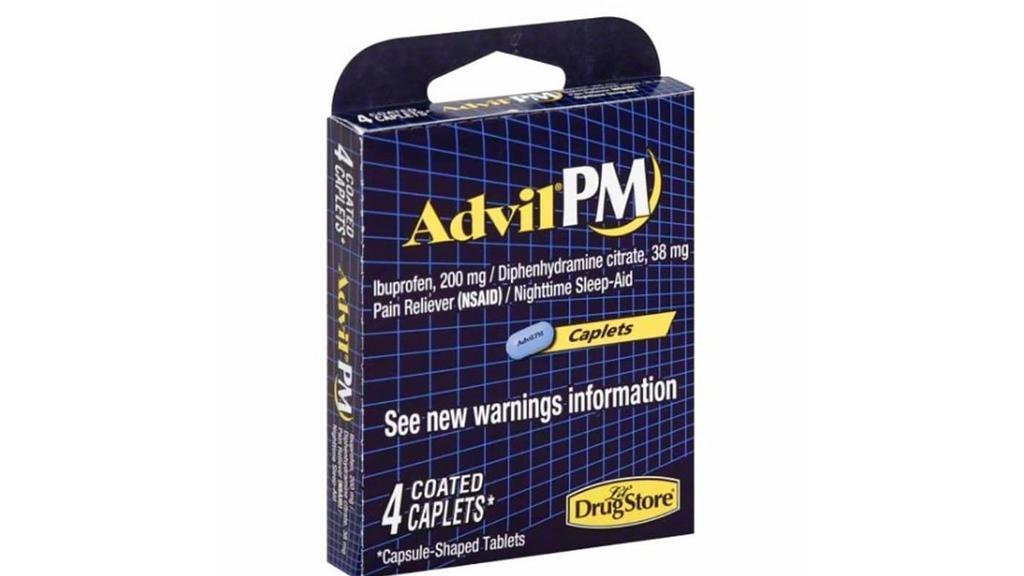 Advil Pm 4Ct · Don’t let backache, minor arthritis pain, headache, joint pain or other minor nighttime aches and pains interrupt a restful night’s sleep. Put pain to rest and sleep the whole night with Advil® PM. Advil® PM combines the #1 selling pain reliever (Ibuprofen) with the #1 selling sleep medicine to help you sleep the whole night.