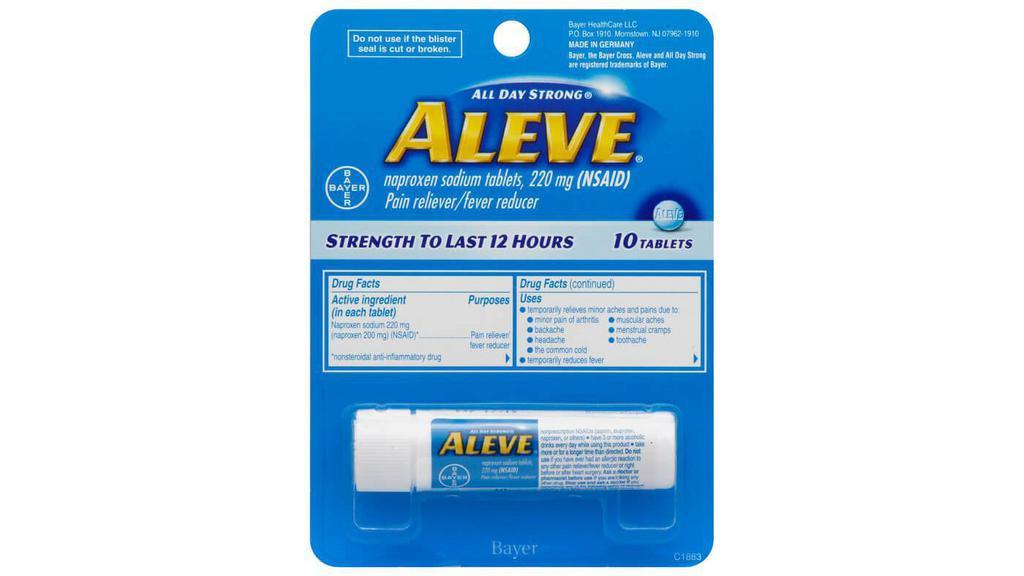 Aleve 10Ct · The power of Aleve is available as a tablet. Two Aleve have the strength to get you through your day without having to take more pills every few hours.
