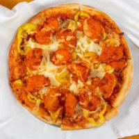Frickin' Chicken Pizza · Frickin' Chicken Chunks in choice of sauce, Loaded with melted Cheese, Banana Peppers, serve...