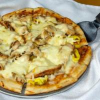 Char-Broiled Chicken Pizza · Loaded with melted Cheese, Banana Peppers, served on a BBQ Pizza Crust