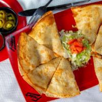 Frickin' Chicken Quesadilla · Frickin' Chicken Chunks in choice of Sauce, between Tortillas, covered in Cheese, served wit...