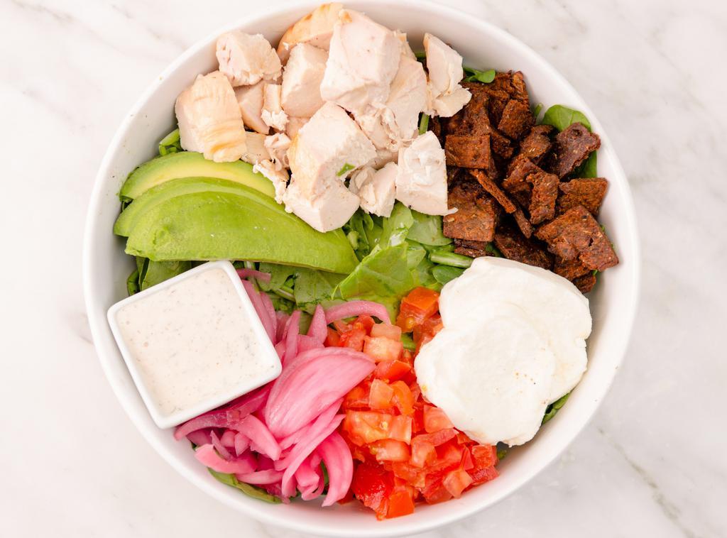 Thrive Tuscany Salad · Mixed greens, tomatoes, avocado, fresh mozzarella, gluten-free croutons, red onions, balsamic vinaigrette. Served with your choice of chicken or roasted sesame tofu.