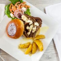 Big Greek Burger · Topped with strips of gyros and Feta cheese. All of our burgers are made with a half-pound o...