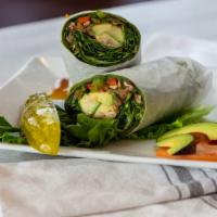 Veggie Wrap · Grilled zucchini, tomatoes, peppers, onions, mushrooms, mixed greens, avocado, and garlic he...