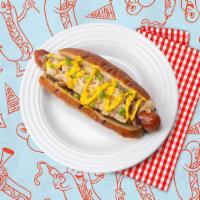The Bratwurst Hot Dog · Traditional German bratwurst topped with carmelized onions, sauerkraut, and mustard on a bun.