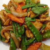 Chicken With Snow Peapods · Chicken, onion, celery, mushroom, carrot, and pea pod.