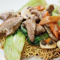 Beef Pan Fried Noodle · Beef, baby bokchoy, mushroom, carrot, and pan fried egg noodle.