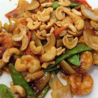 Shrimp With Cashew Nuls · Shrimp, cashew nut, water chestnut, baby corn, celery, carrot, mushroom, onion and peapod.