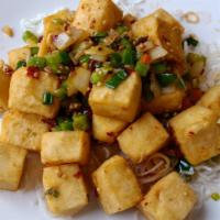 Salt & Pepper Tofu · Deep fried tofu tossed with ginger, garlic, onions, and bell pepper in a salty and spicy dry...