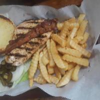 Chicken Sandwich · Served with lettuce, tomato, onion, pickle, and choice of french fries, tater tots or sweet ...