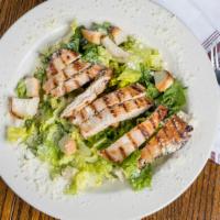 Chicken Caesar Salad · Fresh charbroiled  chicken with Romain lettuce and hand ground parmesan cheese and homemade ...
