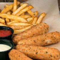 Mozzarella Sticks With Fries · A sports bar classic: melty mozzarella cheese with a light batter, fried to perfection.