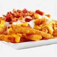 Loaded Fries · Our famous crinkle fries topped with melty cheese, crispy pan fried bacon, oven baked, then ...